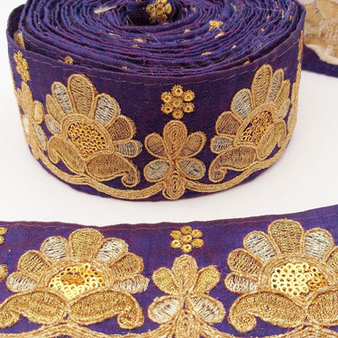Navy Blue Art Silk Trim In Gold Floral Embroidery, Gold Embroidered Flowers Border, Floral Trim